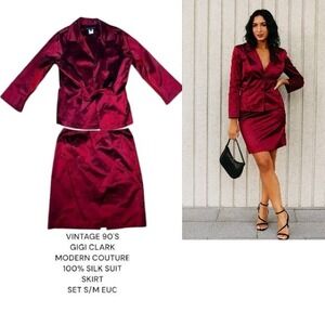 2 PC. VINTAGE‎ 90'S GIGI CLARK 100% SILK BURGUNDY RED SUIT SET S/M EUC